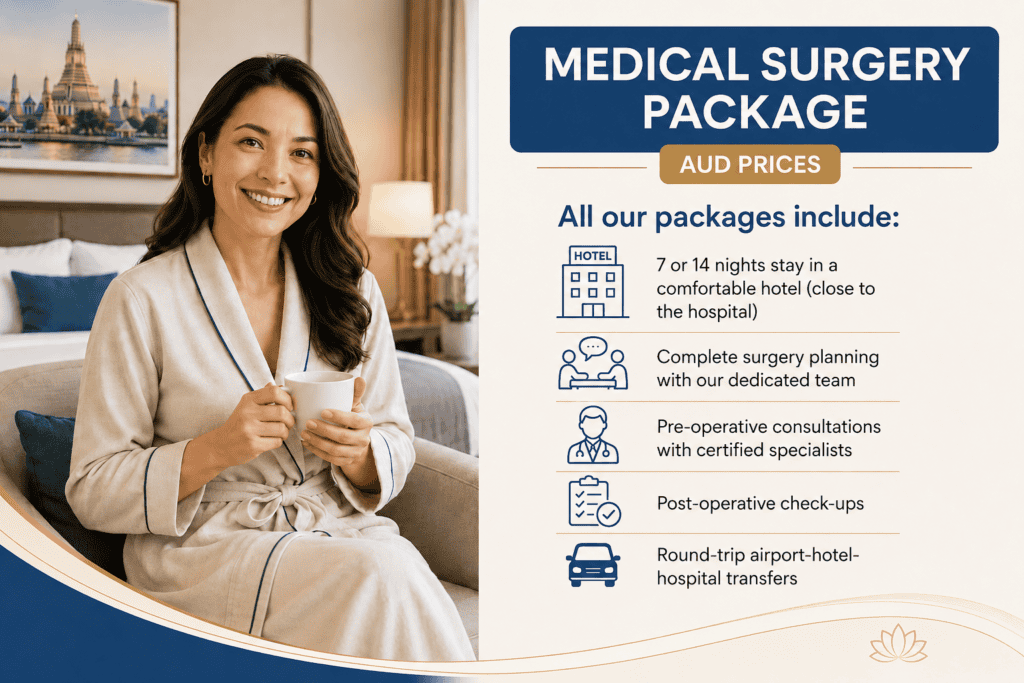Medical surgery package in Thailand with AUD prices, showing a woman in a hotel recovery room and included services such as hotel stay, surgery planning, consultations, check-ups and transfers.