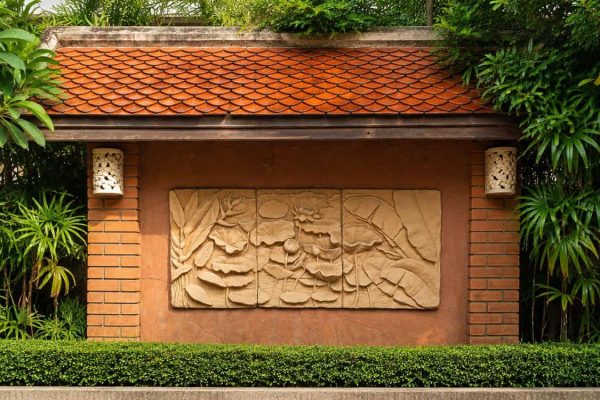 Carved lotus wall relief set among greenery at a private mindfulness retreat venue