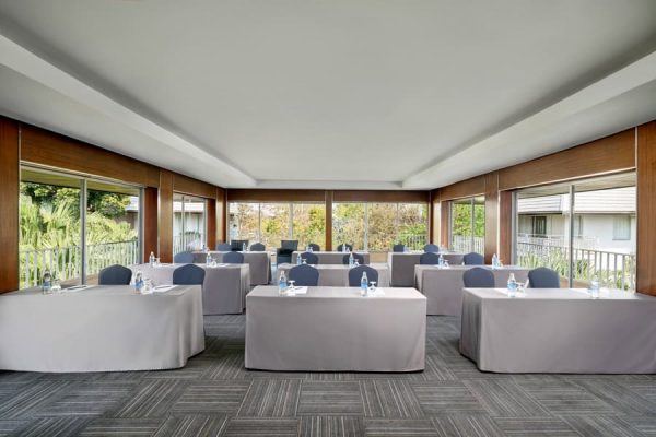 Bright meeting room with classroom-style tables facing garden windows