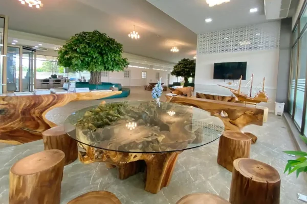 Modern hospital lobby with natural wood furniture and indoor plants, promoting health and wellness in Bangkok - Lobby Sanpudard Wellness Club