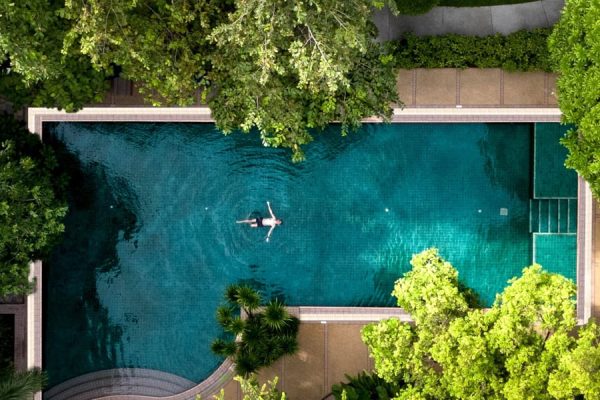 Aerial view of a guest swimming in a turquoise pool surrounded by tropical trees